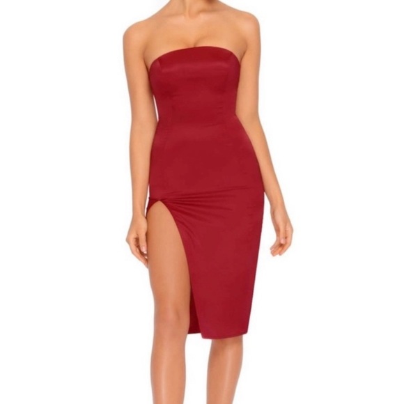 Oh Polly Red Satin High Slit Dress - Picture 2 of 6